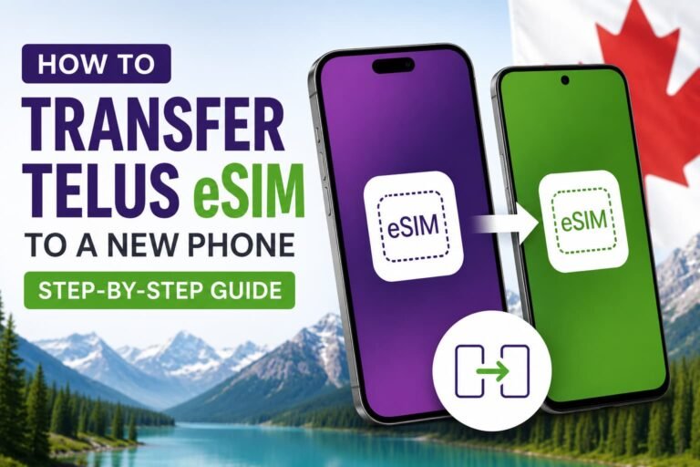 Transfer TELUS eSIM to a new iPhone or Android phone in Canada with step-by-step eSIM setup and device transfer illustration.