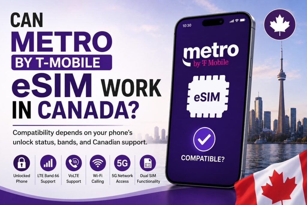 Metro by T-Mobile eSIM compatibility in Canada infographic showing unlocked phone support, LTE Band 66, VoLTE, Wi-Fi Calling, 5G access, and dual SIM functionality with Canadian skyline background.