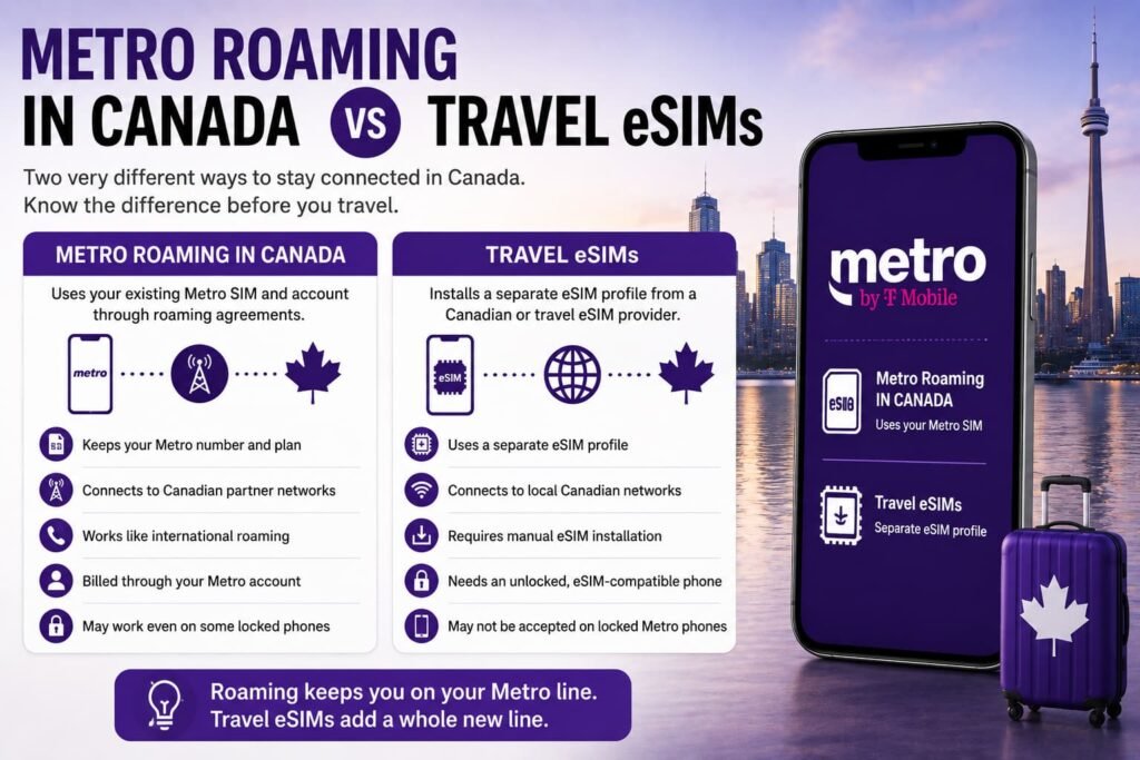 Metro roaming in Canada vs travel eSIM comparison infographic showing differences between roaming with a Metro SIM and installing a separate Canadian travel eSIM profile on an unlocked phone.