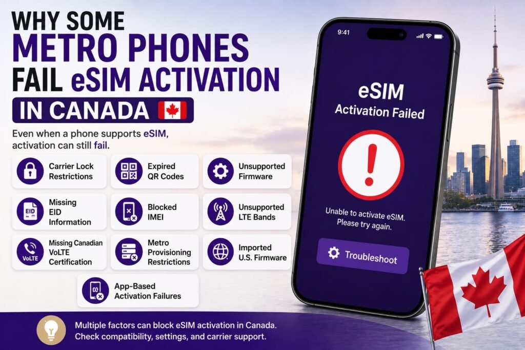 Metro phone eSIM activation failure infographic showing common Canadian compatibility problems including carrier locks, expired QR codes, blocked IMEI, unsupported firmware, missing EID information, and VoLTE restrictions.