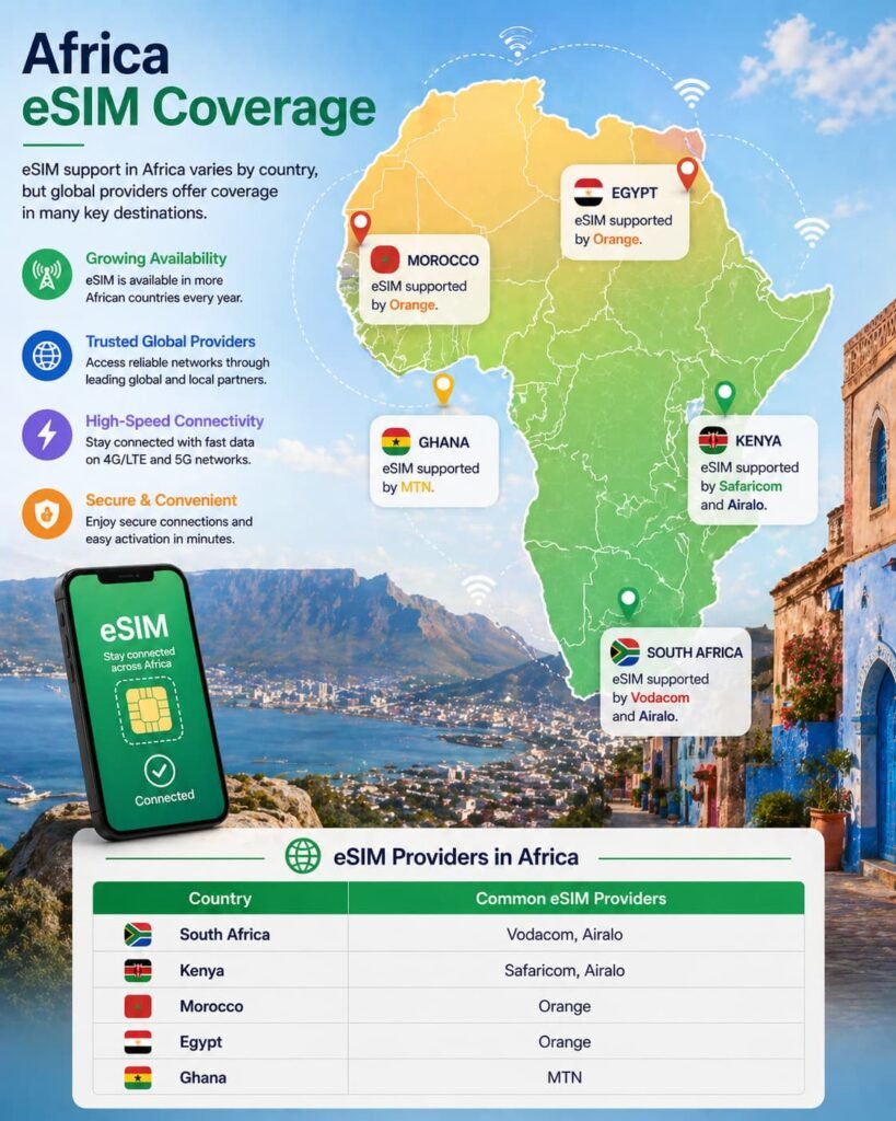 map of Africa showing eSIM availability and connectivity across South Africa, Kenya, Morocco, Egypt, and Ghana