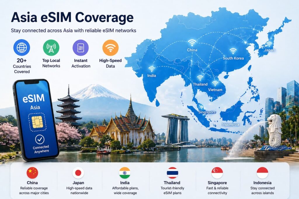 map of Asia showing eSIM coverage and connectivity across major countries for travelers