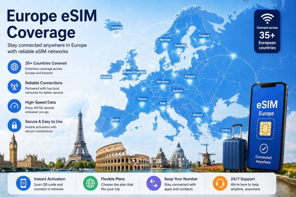 map of Europe showing eSIM coverage and connectivity across major countries for travelers