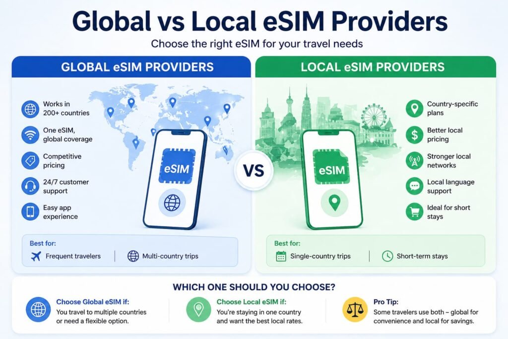 comparison of global vs local eSIM providers showing differences in coverage, pricing, and usage