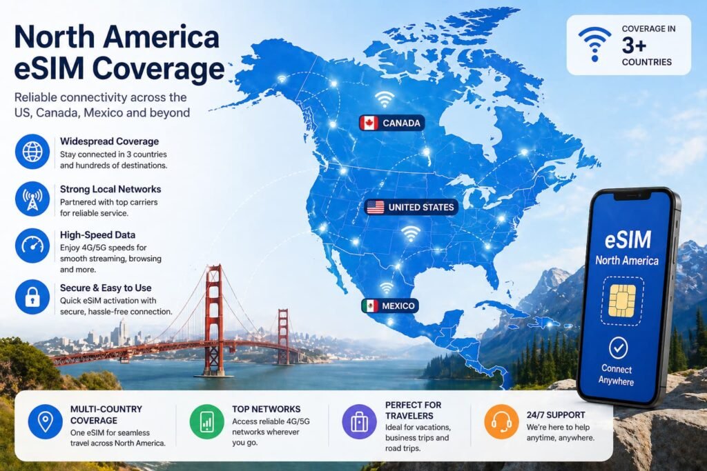 map of North America showing eSIM coverage and connectivity across Canada, United States, and Mexico