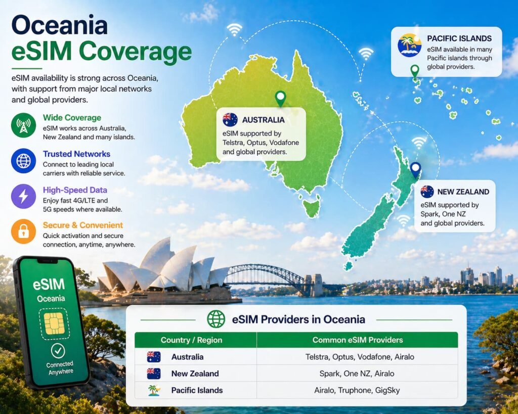 map of Oceania showing eSIM coverage and connectivity across Australia, New Zealand, and Pacific Islands