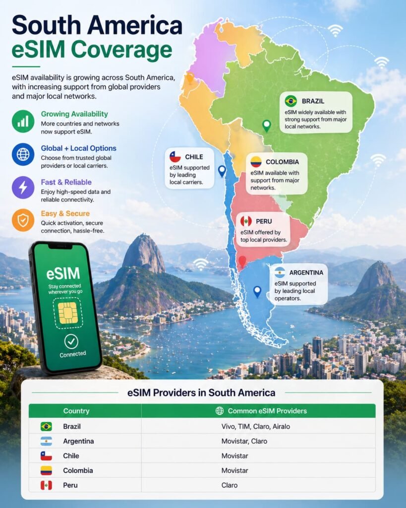 map of South America showing eSIM availability and connectivity across Brazil, Argentina, Chile, Colombia, and Peru