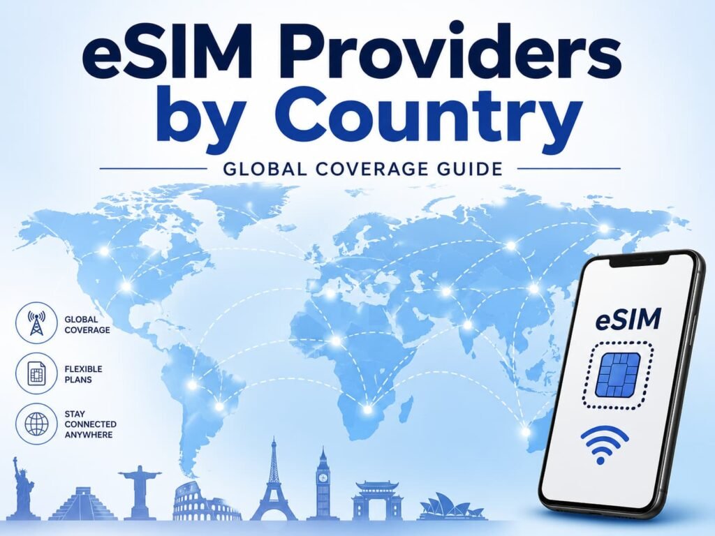 eSIM providers by country global coverage map showing worldwide connectivity