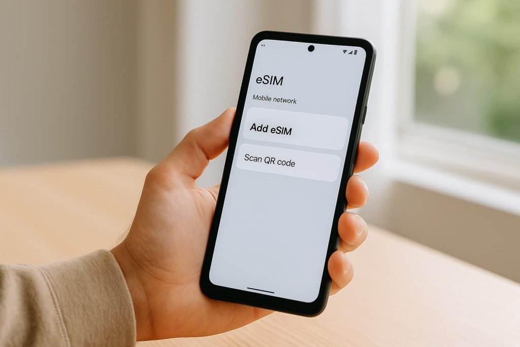 Person holding an Android smartphone while activating eSIM using QR code in Canada. The phone screen shows eSIM settings during setup. Natural lighting and minimal modern background.