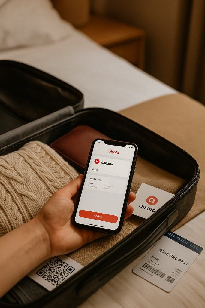Open suitcase on a hotel bed with a smartphone displaying an active Airalo eSIM plan for Canada. A boarding pass, Airalo welcome card, and travel items like a knit sweater and passport are visible in cozy natural light.
