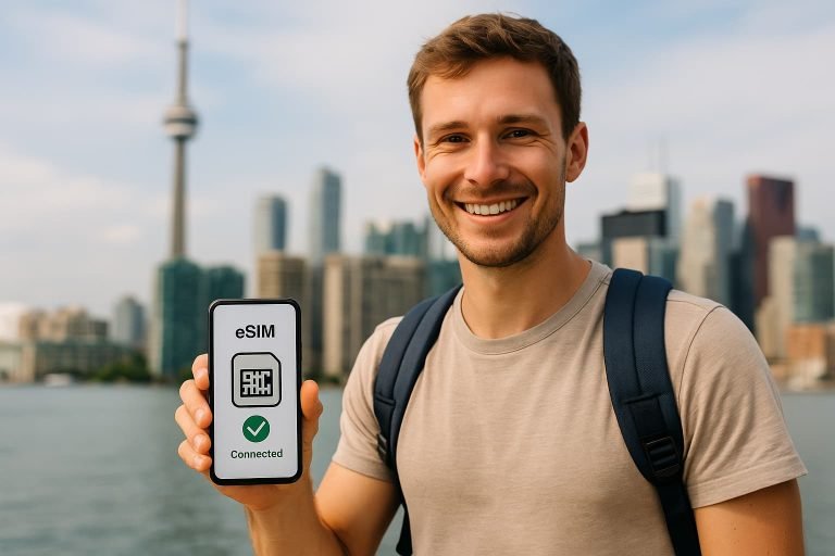Young tourist using the best eSIM for tourists in Canada while exploring a city landmark and holding a connected smartphone