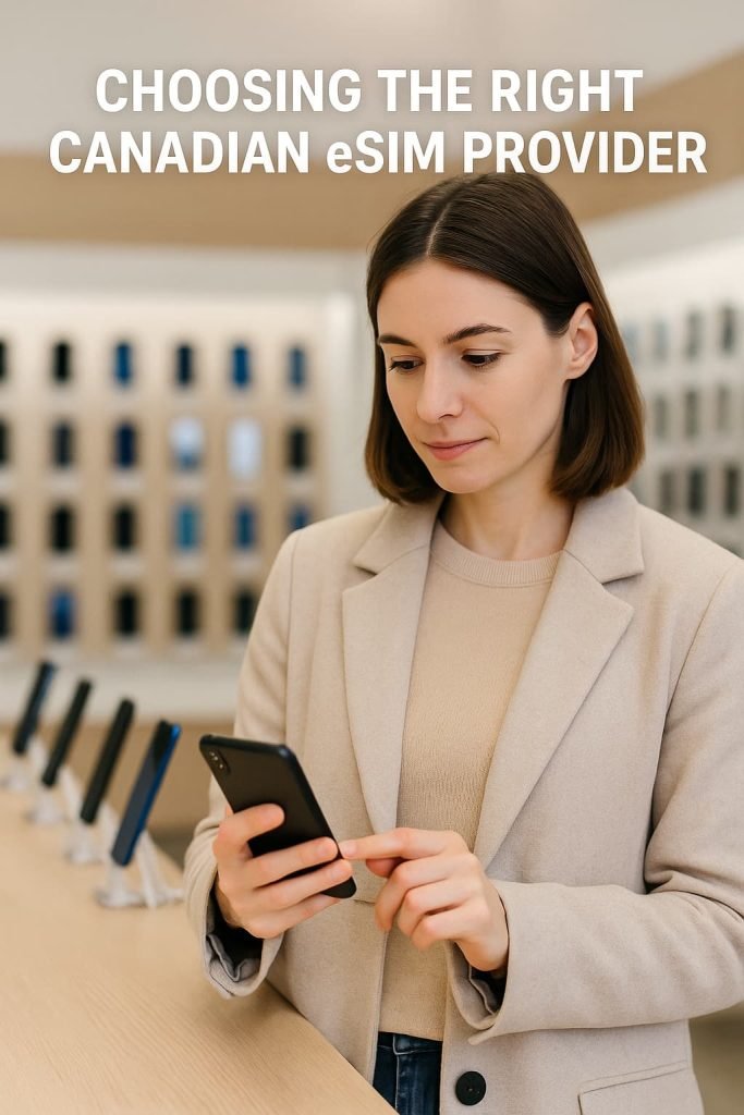 Young woman browsing eSIM options on her smartphone inside a Canadian mobile phone store, with a row of display phones on the counter and “Choosing the Right Canadian eSIM Provider”