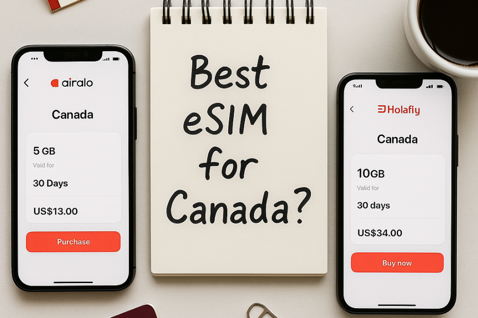 Flat-lay of two smartphones side by side showing Canada eSIM plans from Airalo and Holafly. A notepad between them reads “Best eSIM for Canada?”, with a Canadian flag pin, coffee mug, SIM tool, and passport nearby — clean and informative comparison scene.