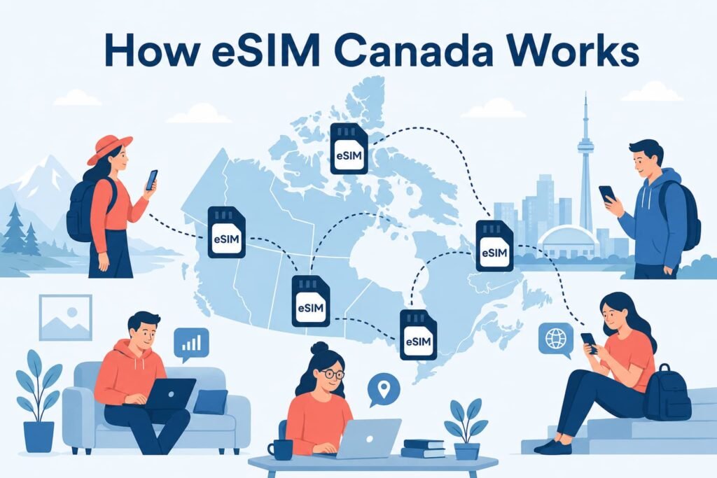 Infographic showing how eSIM Canada works for travellers, locals, and students using smartphones and laptops across a map of Canada