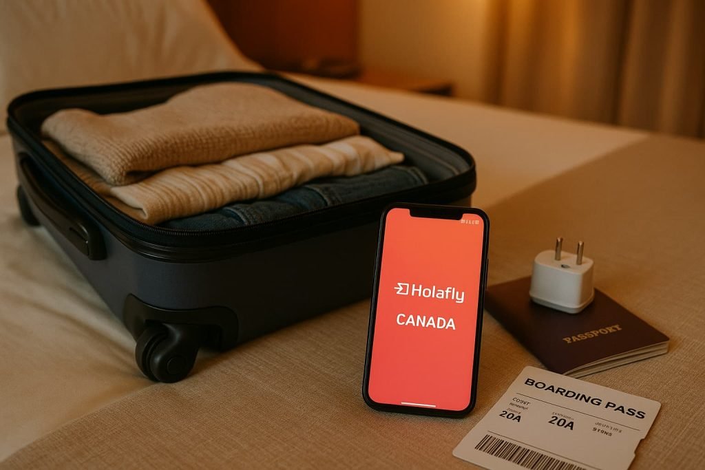 A packed suitcase on a hotel bed beside a smartphone displaying the Holafly Canada eSIM with full LTE signal. Nearby are a passport, travel adapter, and boarding pass, all lit by warm, cozy lighting.