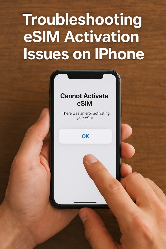 Close-up of an iPhone screen displaying a “Cannot Activate eSIM” error message, with a person’s hand tapping the “OK” button while troubleshooting the issue.