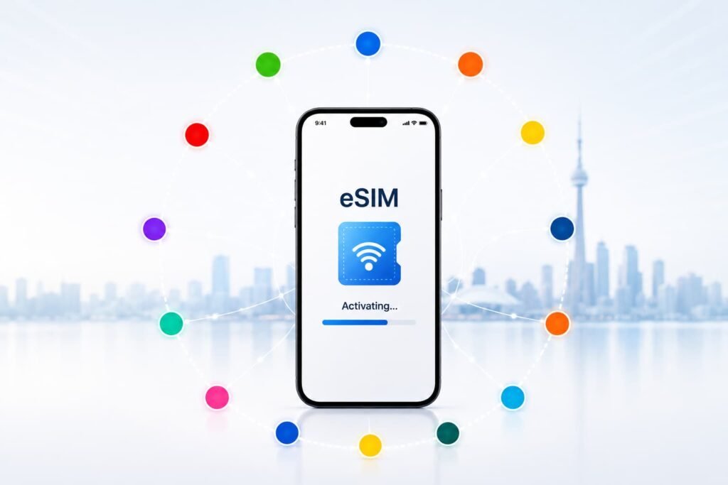 Smartphone displaying eSIM activation surrounded by color-coded mobile network connections representing Canadian carriers that support eSIM technology.