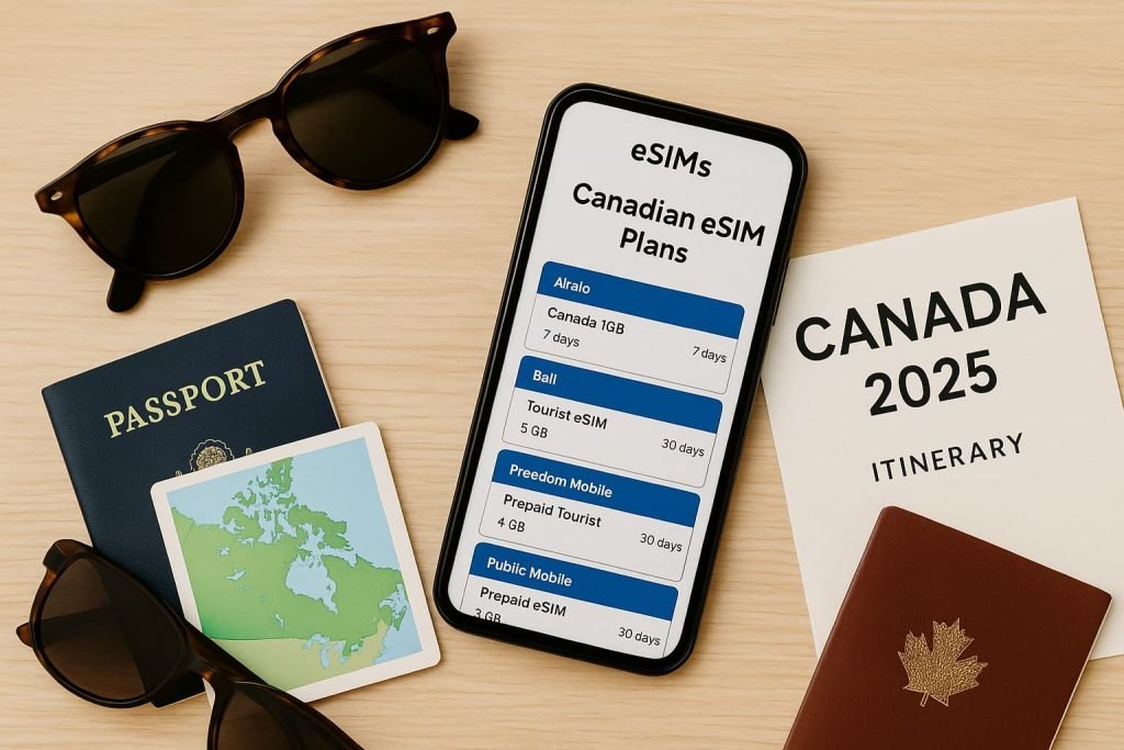 Flat lay of Canadian travel items and smartphone comparing best eSIM for tourist in Canada, including travel itinerary, map, sunglasses, and passport on a wooden desk