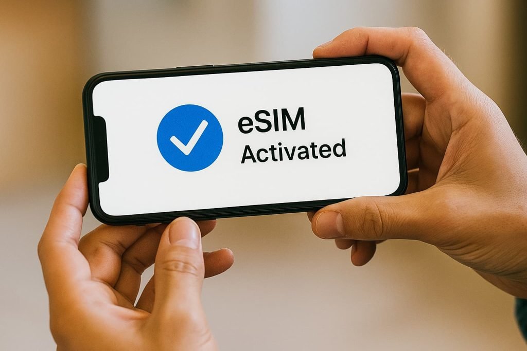 A high-resolution digital photograph of a person holding a modern smartphone displaying an “eSIM Activated” screen, with a clean and professional background.