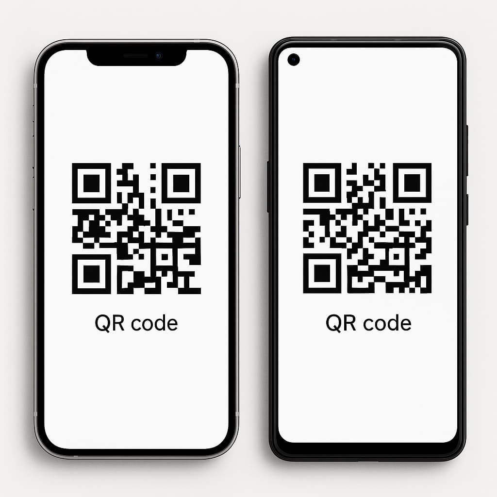 A digital photograph of an iPhone and an Android smartphone standing side by side, each displaying a realistic eSIM activation QR code on its screen, clean and professional.