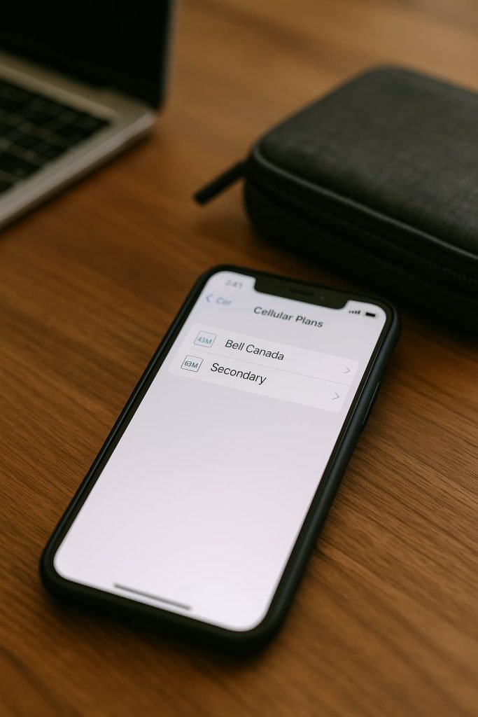 Smartphone on a desk displaying two active eSIM plans including “Bell Canada.” Background shows a laptop and travel pouch in a cozy, well-lit home workspace.