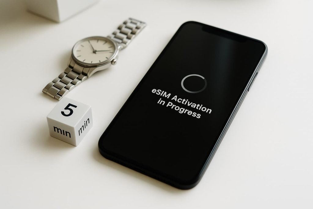 Close-up of a smartphone showing a progress bar labeled “eSIM Activation in Progress,” next to a wristwatch and a calendar block marked “5 min.” The scene is set on a white desk under soft daylight, emphasizing fast setup time and a clean, modern workspace.