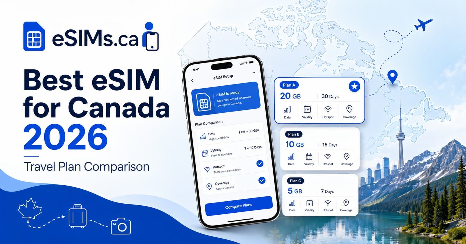 Smartphone showing Canada eSIM plan comparisons with data, validity, hotspot, and coverage options beside a Canada map and travel graphics.
