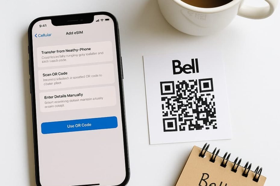 Flat-lay of an iPhone with the “Add eSIM” screen open beside a printed Bell eSIM QR code, coffee mug, and notepad labeled “Bell Setup” on a white desk. Bright natural light, no branding.