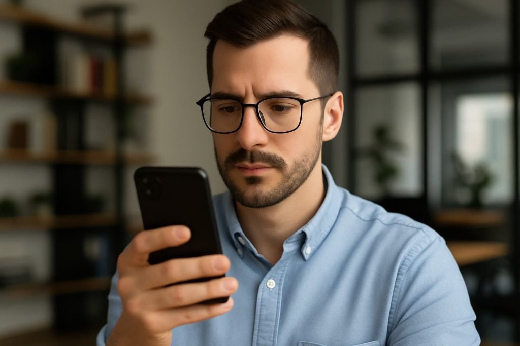 A man in an office setting looking at his Android smartphone, preparing to activate his Chatr eSIM in Canada.