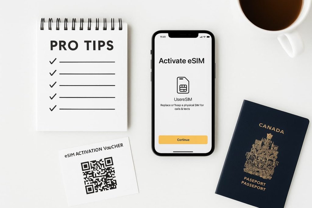How to activate Fido eSIM in Canada — flat lay of notepad labeled Pro Tips, smartphone with Fido app Activate eSIM screen, Fido QR code, Canadian passport, and coffee mug on white desk