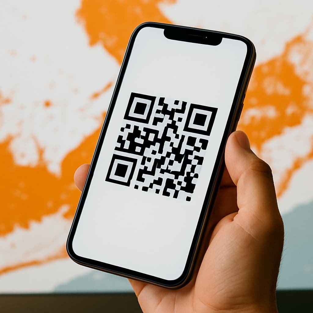 Hand holding a smartphone displaying a QR code on screen with an abstract orange and white background, no logos visible.