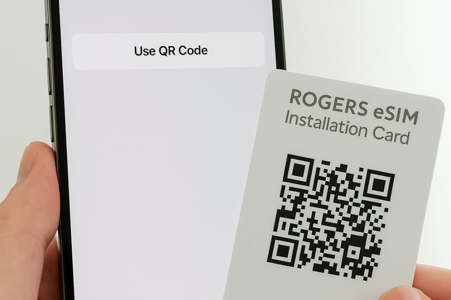 Close-up of an iPhone showing the “Add eSIM” settings screen with the “Use QR Code” option selected. A Rogers eSIM voucher with a QR code is held beside the phone on a clean surface with soft natural light — showing how to activate Rogers eSIM in Canada