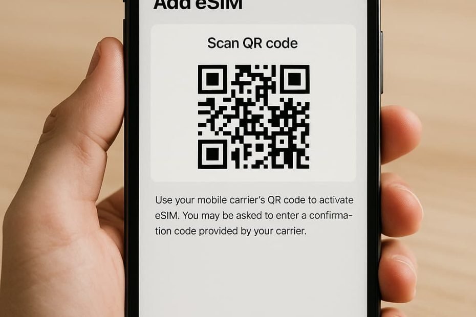 How to activate TELUS eSIM in Canada shown on an iPhone displaying the Settings > Cellular > Add eSIM screen with QR code option, over-the-shoulder view in a neutral indoor setting.