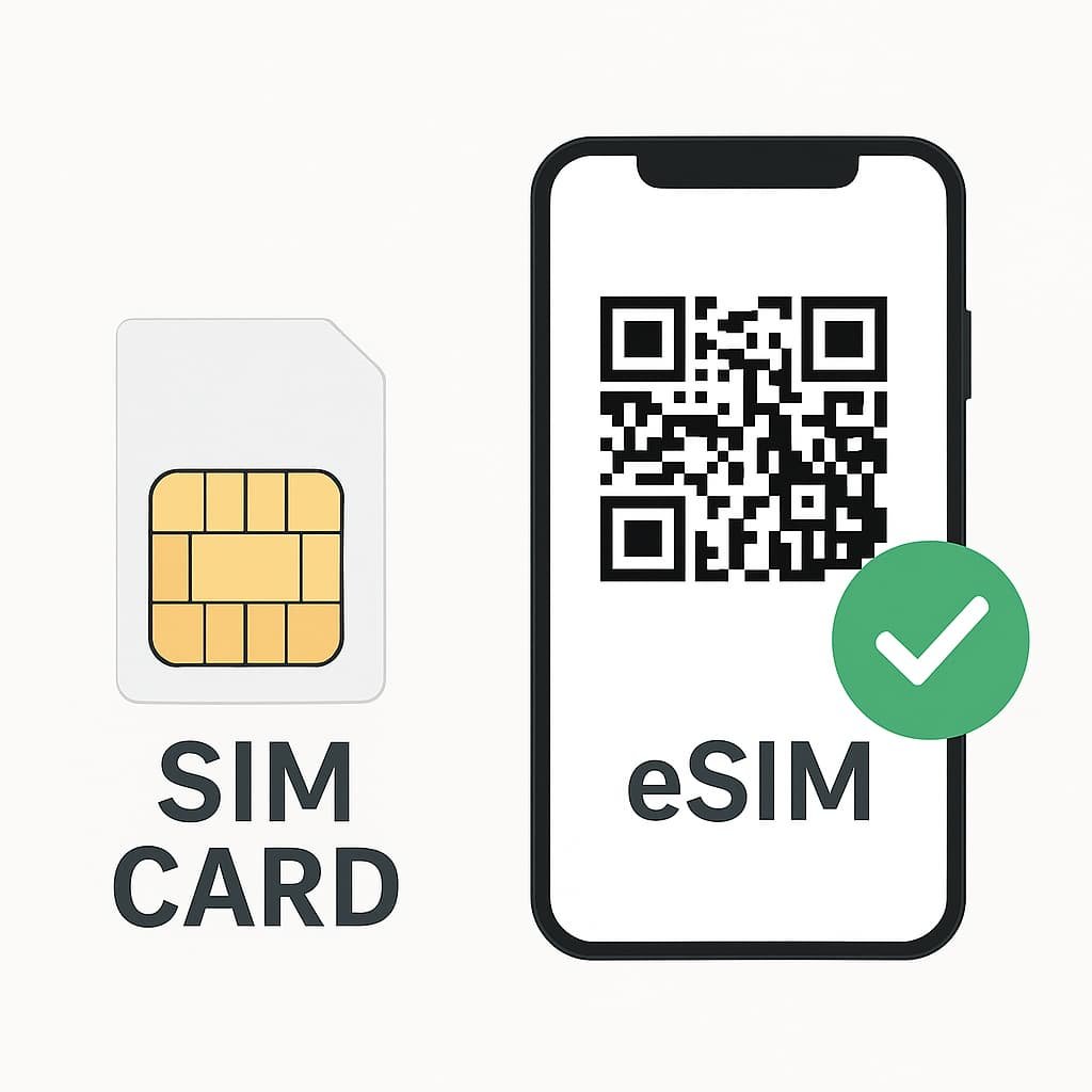 Comparison of traditional SIM card and eSIM shown on a smartphone screen with QR code and green check mark, highlighting the modern eSIM option