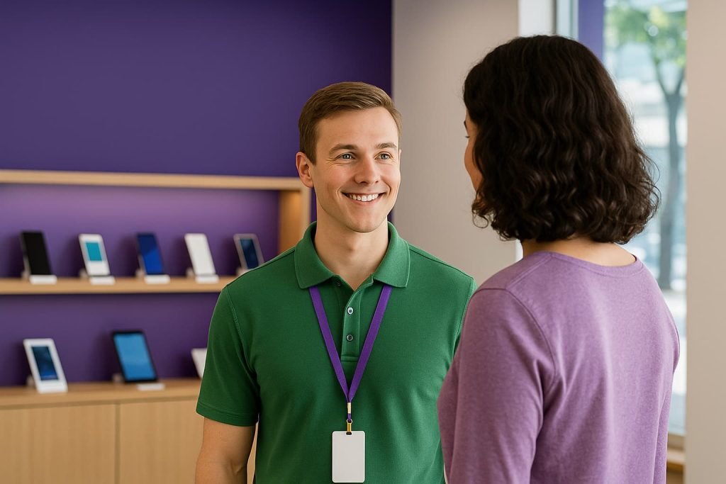 TELUS vs Rogers & Bell — Customer in a Retail Store with Green and Purple Branding Colors