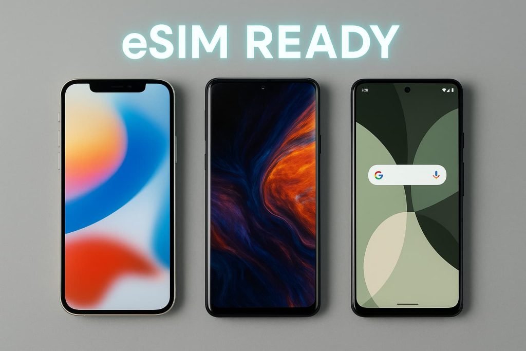 Three smartphones — iPhone, Samsung Galaxy, and Google Pixel — side by side with glowing text reading “eSIM Ready,” showcasing compatible devices