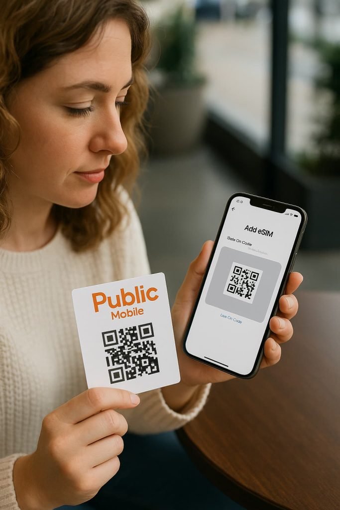 Customer activating Public Mobile eSIM in Canada on iPhone using QR code