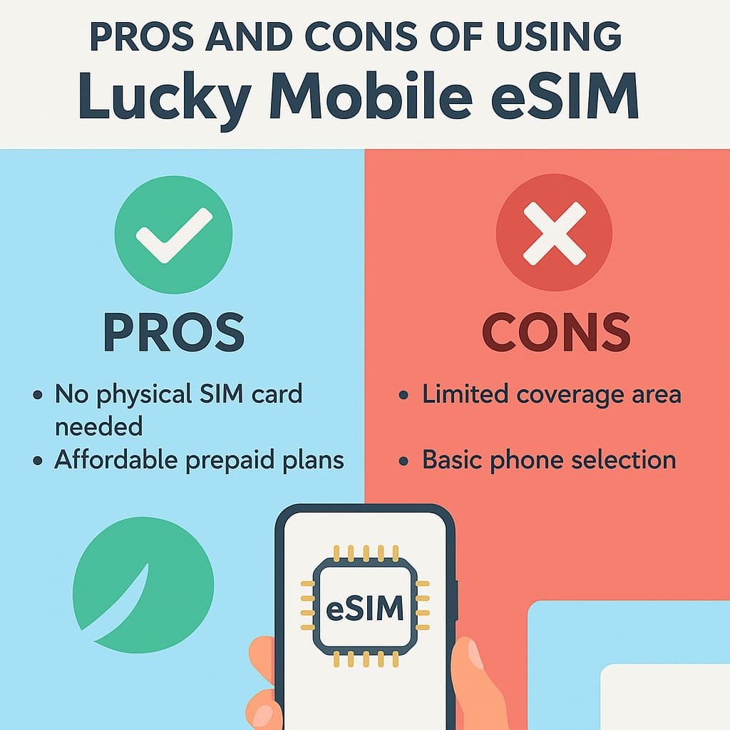 Infographic showing pros and cons of using Lucky Mobile eSIM in Canada with icons representing instant activation, prepaid flexibility, eco-friendly setup, and device compatibility issues in light blue and white branding