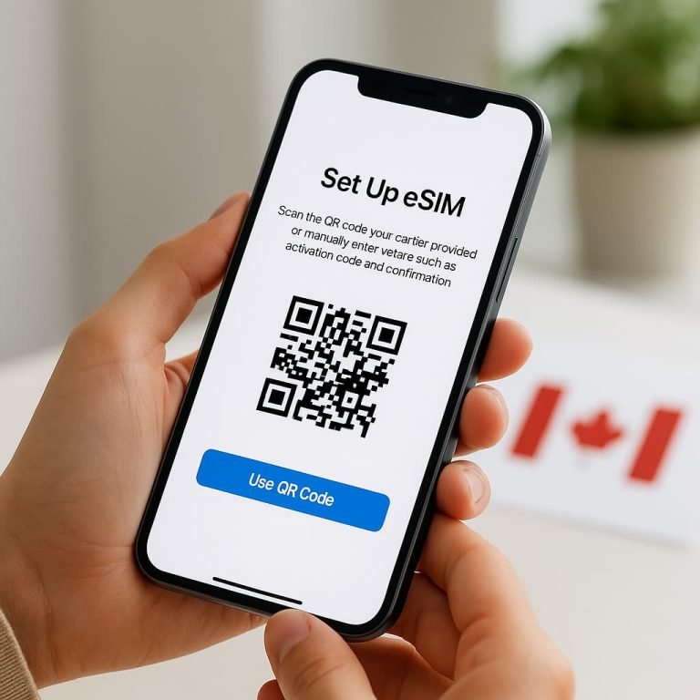 A person holding a smartphone attempting to reinstall or reactivate eSIM in Canada on their smartphone