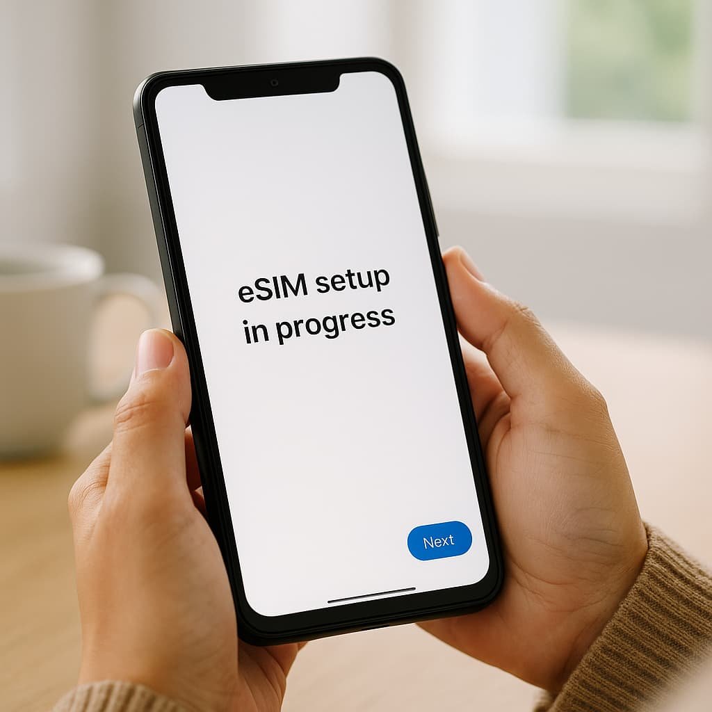 A person holding an Android phone attempting to reinstall or reactivate eSIM in Canada on their Android phone
