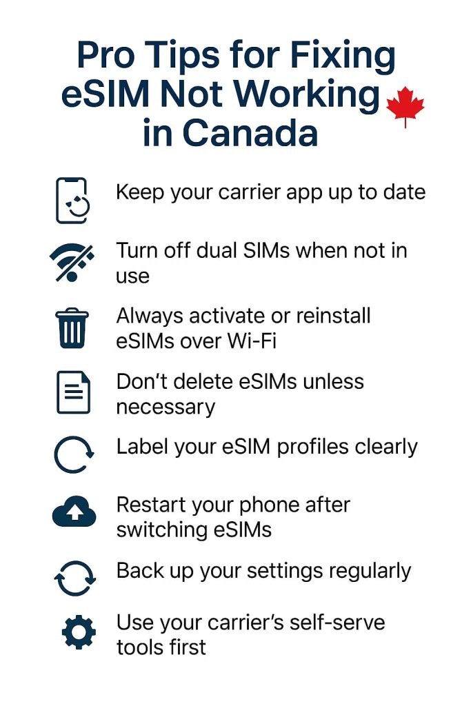 Infographic showing practical pro tips for fixing eSIM not working in Canada, including updating carrier apps, using Wi-Fi for activation, and restarting the phone for better connectivity.