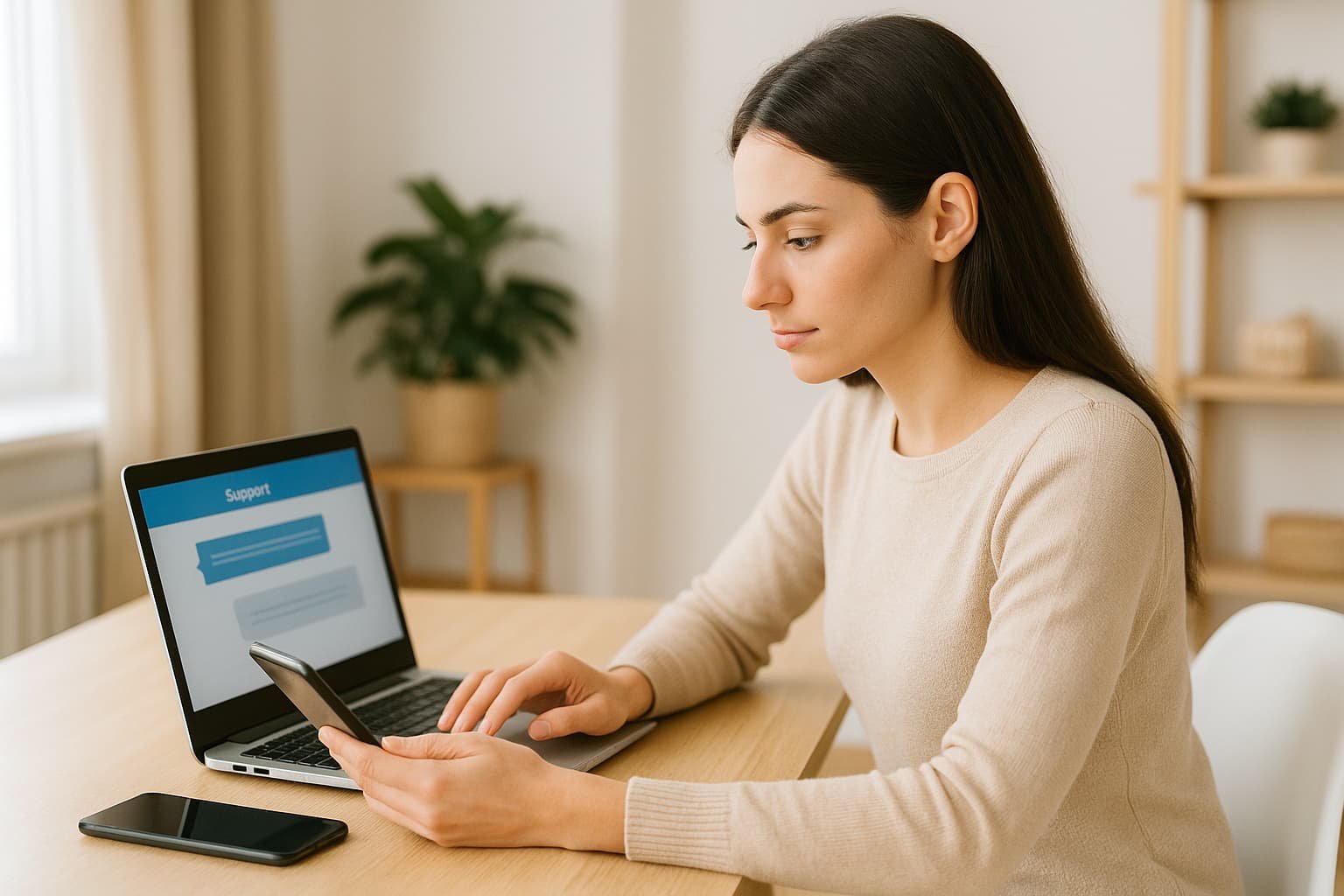 Woman in a bright Canadian apartment typing on her laptop to contact mobile carrier support online about an eSIM activation issue, with a clear “Support” chat window visible on the screen and her smartphone beside her.