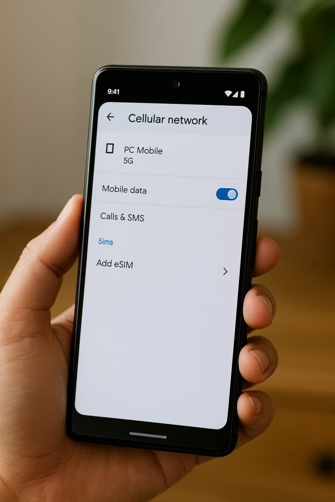 Person activating PC Mobile eSIM on Android smartphone in Canada using the eSIM setup screen in device settings