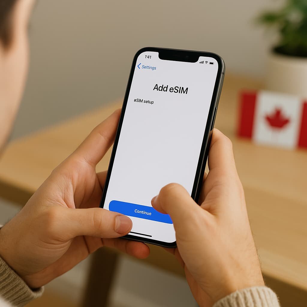 Person activating PC Mobile eSIM on iPhone in Canada using the phone’s eSIM setup screen