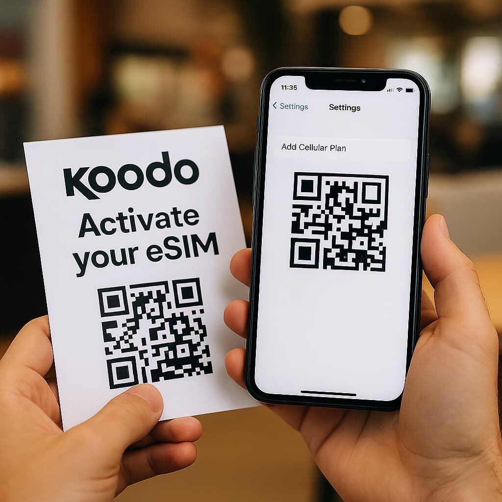 Person holding a smartphone showing a Koodo eSIM QR code inside a Koodo store in Canada