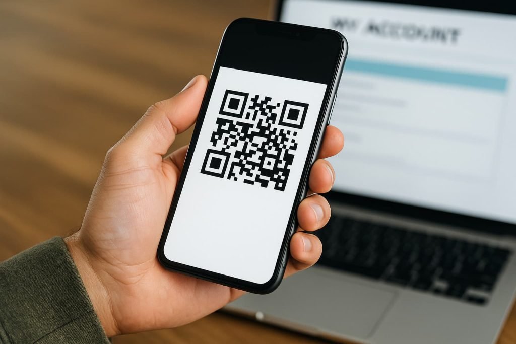 Customer holding a smartphone displaying a QR code for PC Mobile eSIM activation in Canada at a modern desk in a bright indoor setting