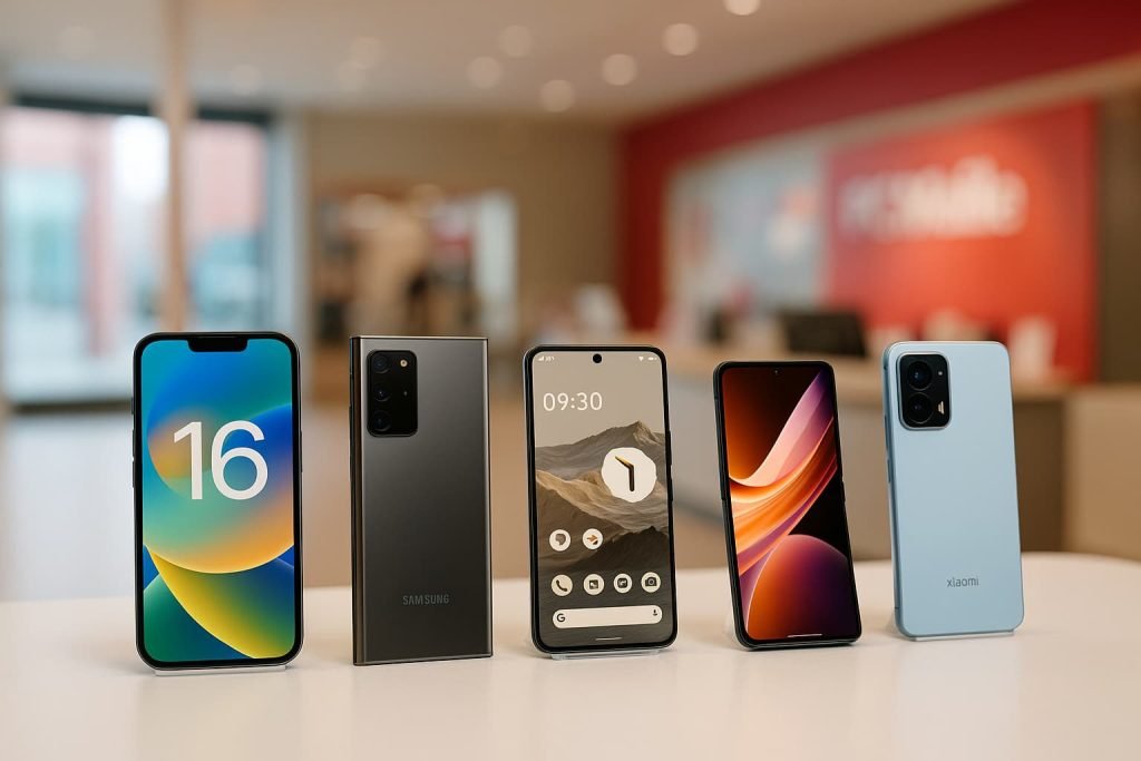 Various smartphones compatible with PC Mobile eSIM in Canada displayed on a bright table in a modern retail setting