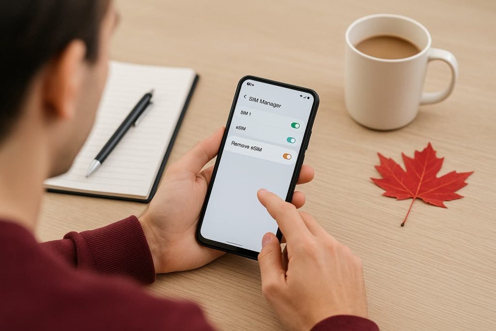 Person using a smartphone with SIM Manager open on a tidy desk with a coffee mug, notebook, and red maple leaf representing Canada.