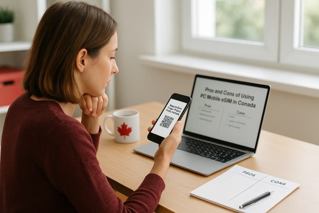 Person reviewing pros and cons of using PC Mobile eSIM in Canada on a smartphone and laptop at a bright modern desk