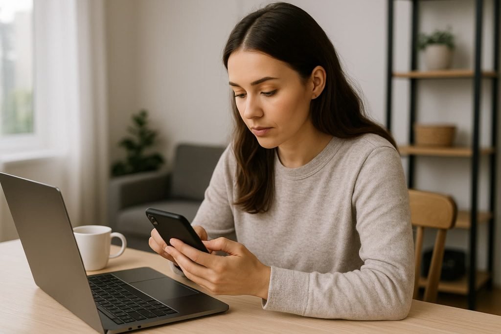 Woman checking smartphone for quick fixes before contacting support to resolve eSIM activation fails in Canada, sitting at a bright home workspace with a laptop nearby.